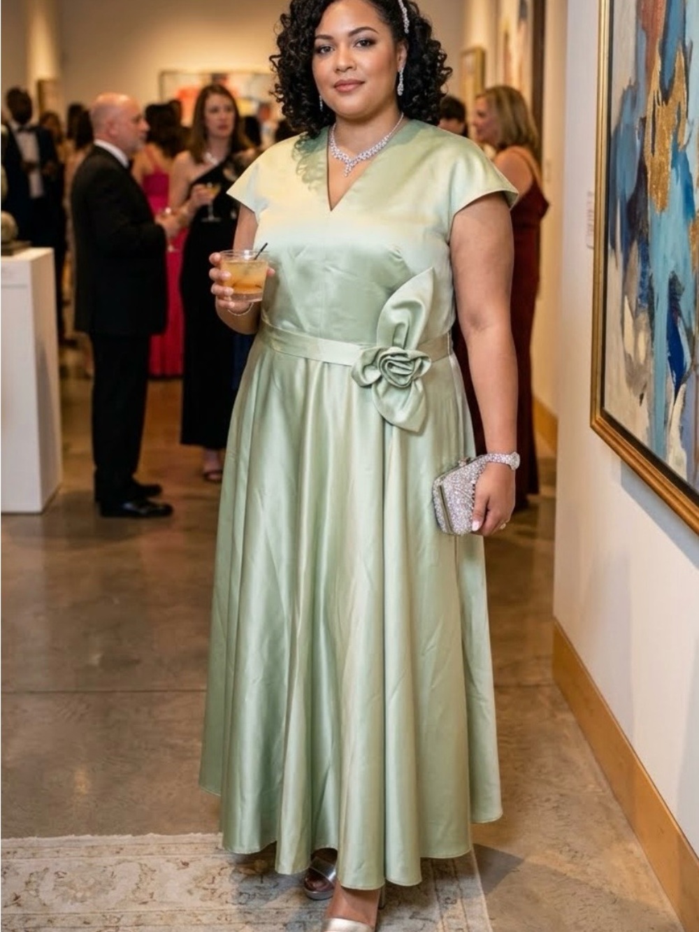 Elegant V-Neck Satin Maxi Dress in Light Sage with Floral Waist Accent